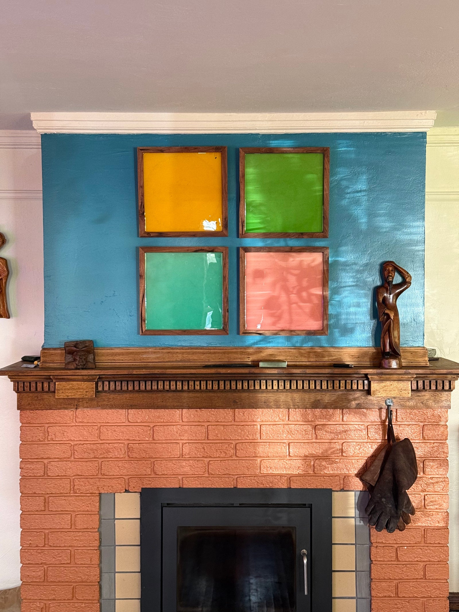beatles white album with tinted epoxy glass over fire place