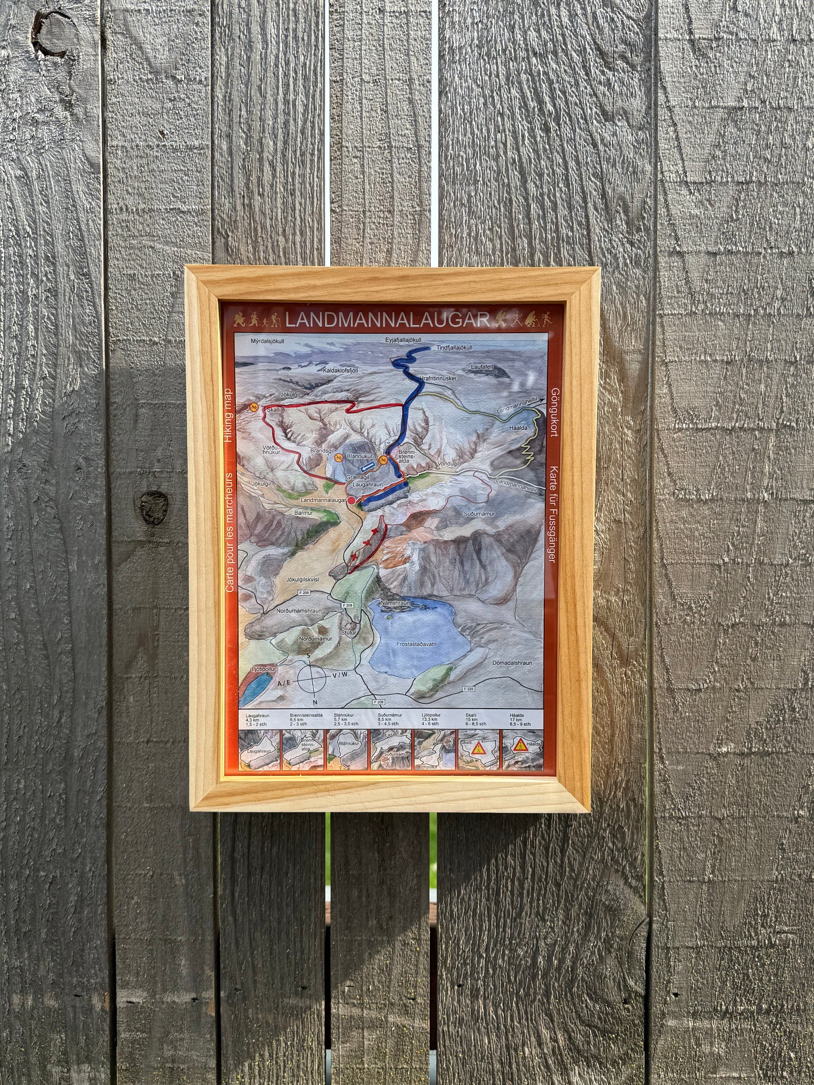 framed icelandic trail map with hickory wood