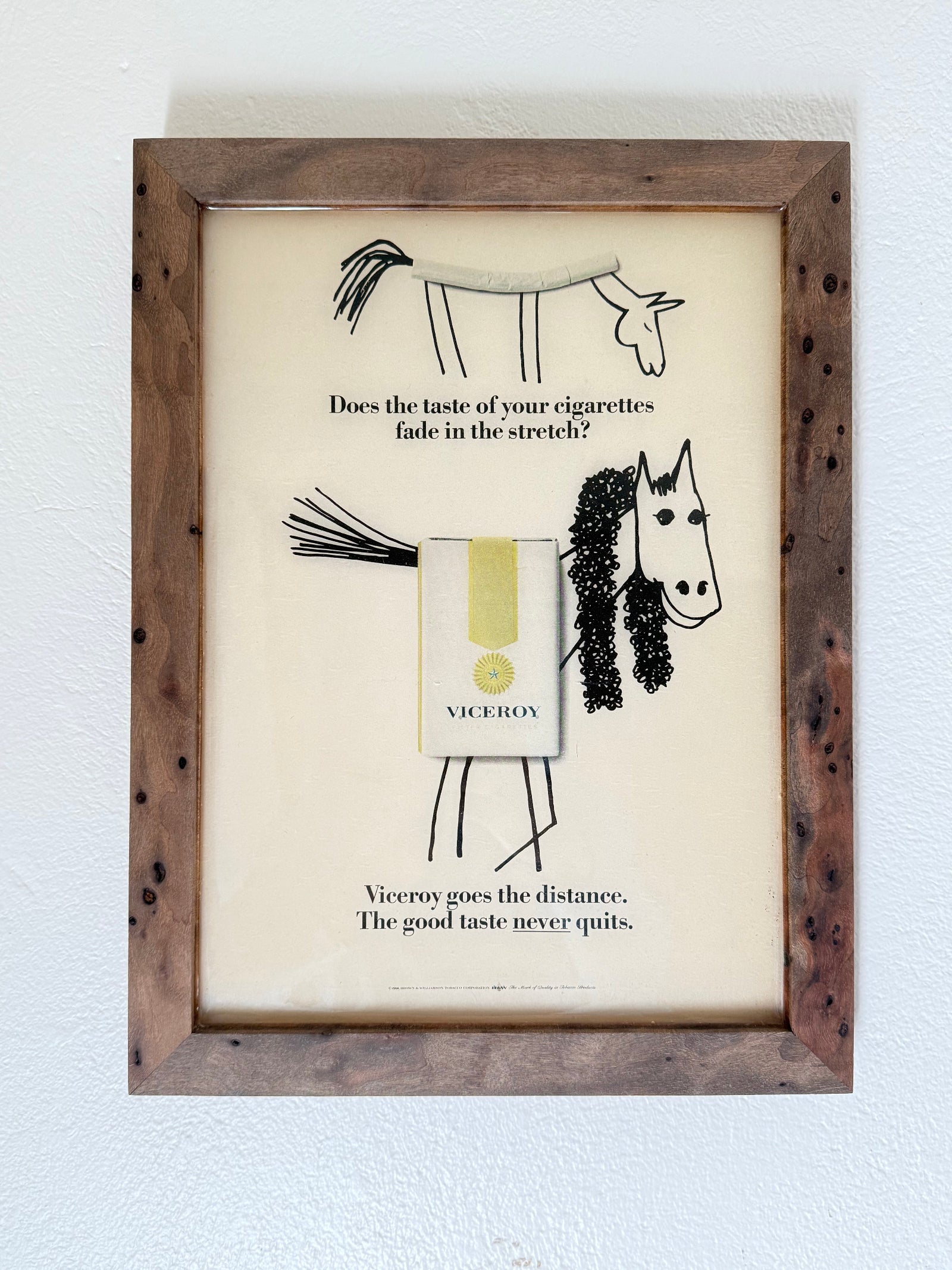 framed viceroy ad print with fiddleboard walnut