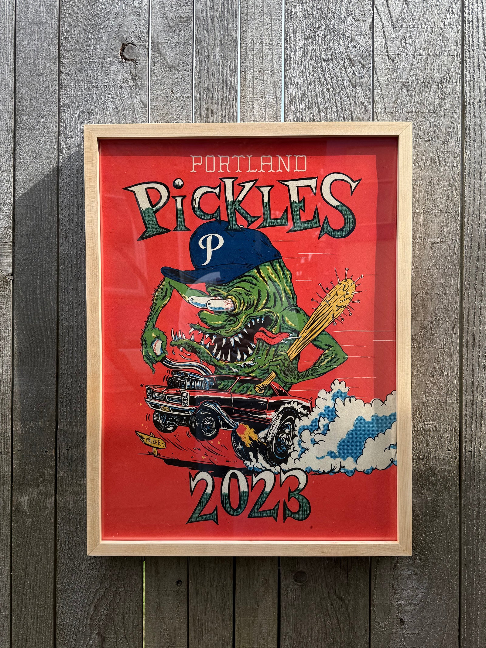 portland pickles poster with maple frame