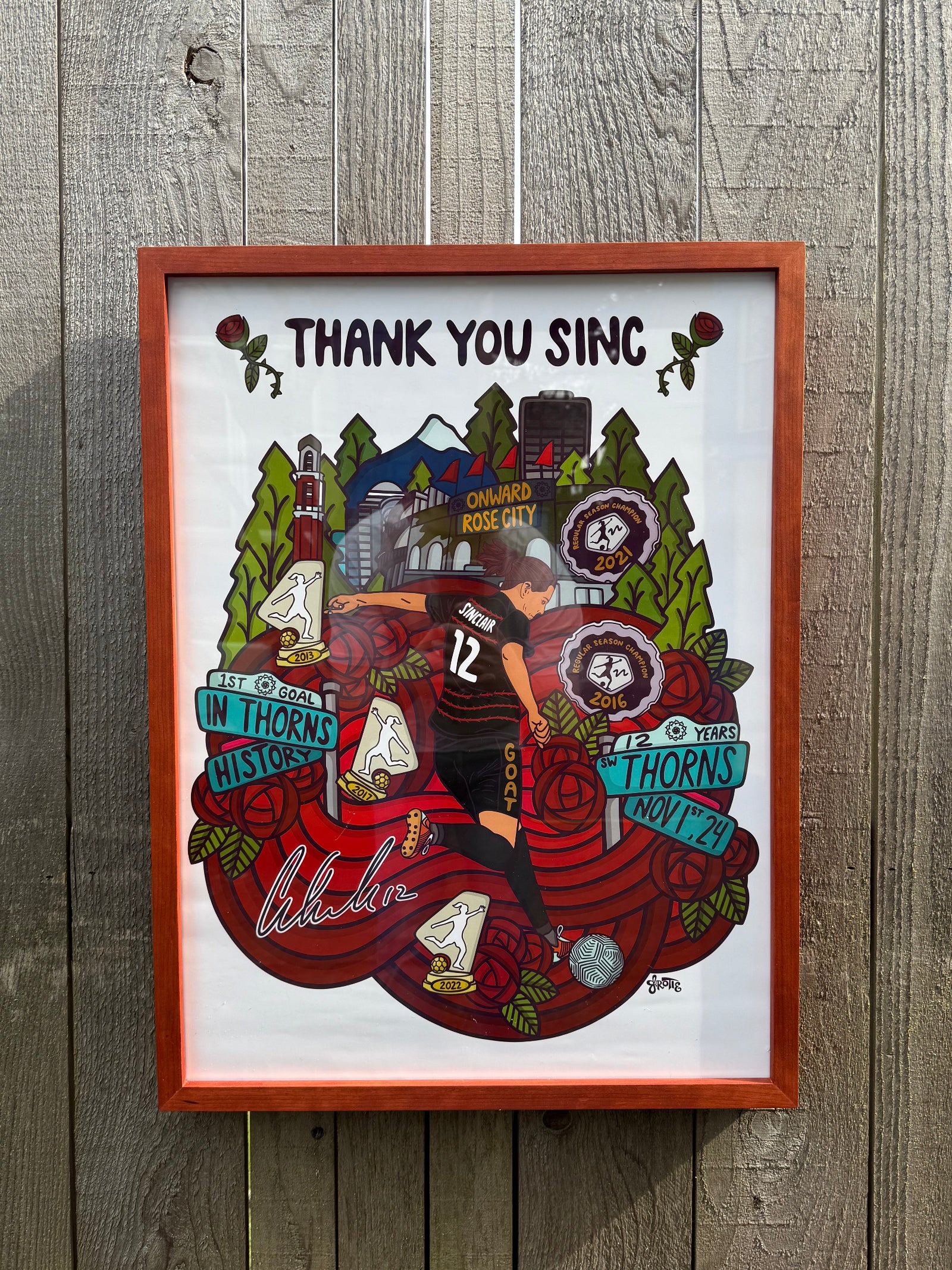 portland thorns framed poster with cherry wood