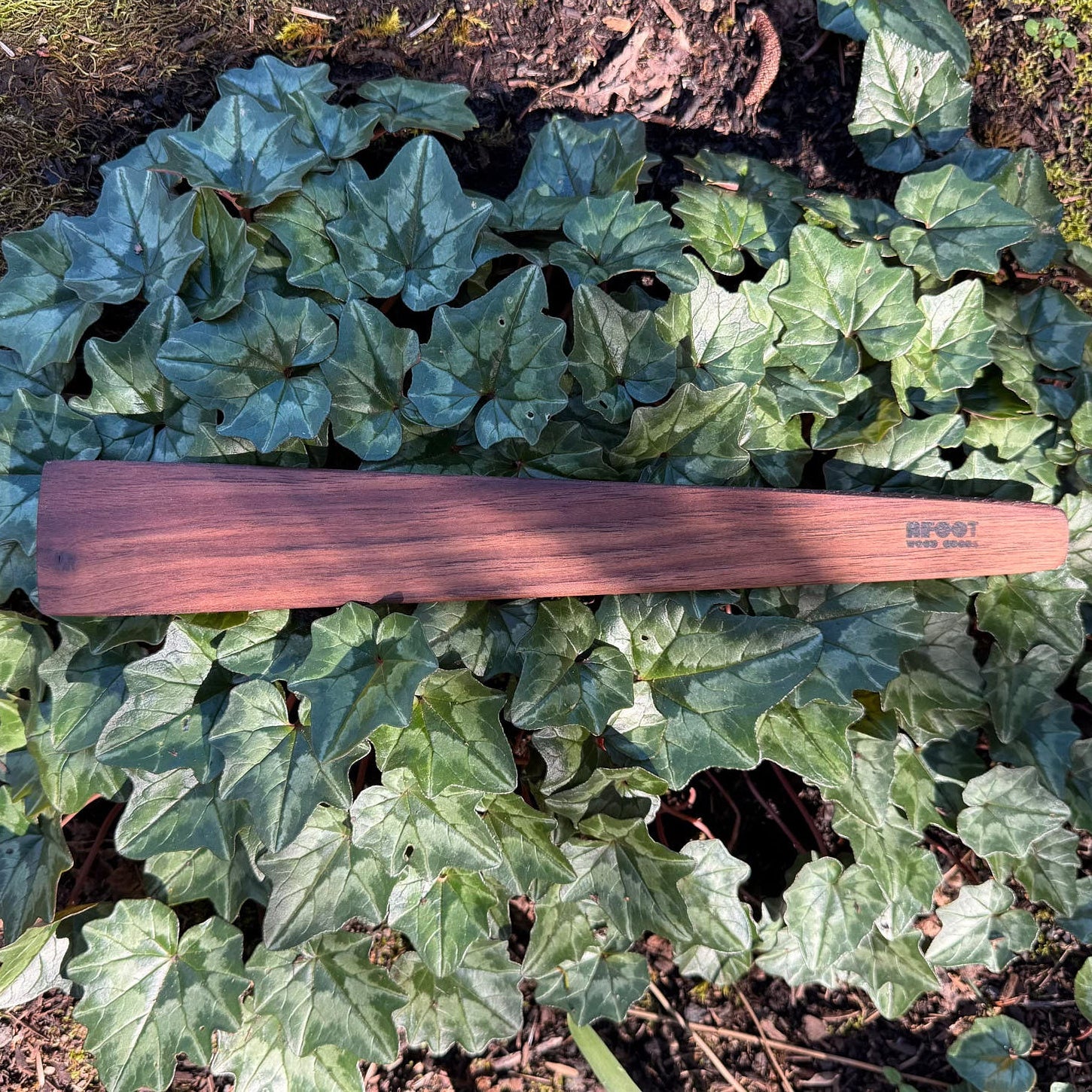 Wooden spatula on a bed of green leaves